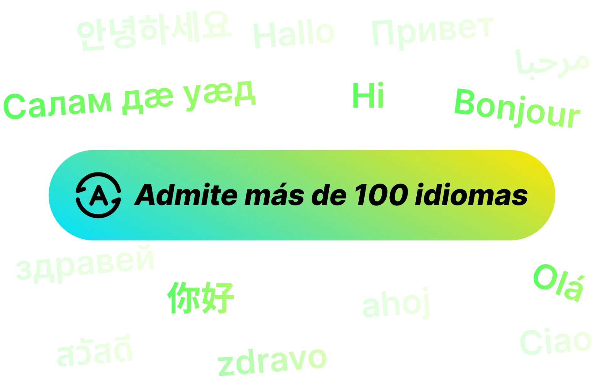 La frase '100+ Idiomas' rodeada de saludos como 'Bonjour' y '你好,' representando las capacidades de resumen multilingüe de WayinVideo.